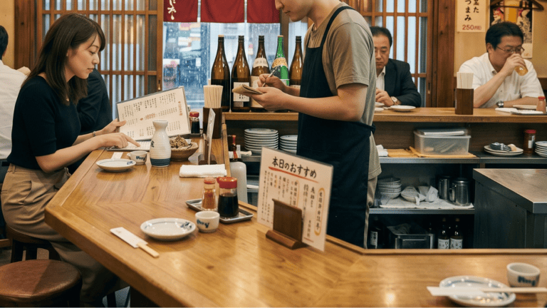 居酒屋のカウンター席で接客・注文取りをするホールスタッフとお客様（居酒屋向けPOSレジおすすめ比較）