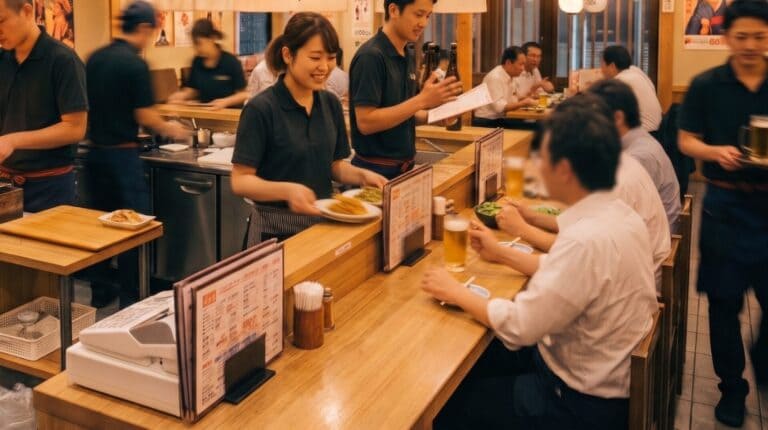 活気のある居酒屋の店内でスタッフが料理の配膳やオーダー対応をする様子（居酒屋でのPOSレジ活用事例）