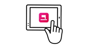 タブレットのユビレジ画面で商品を打ち込み「会計」ボタンをタップする操作イラスト